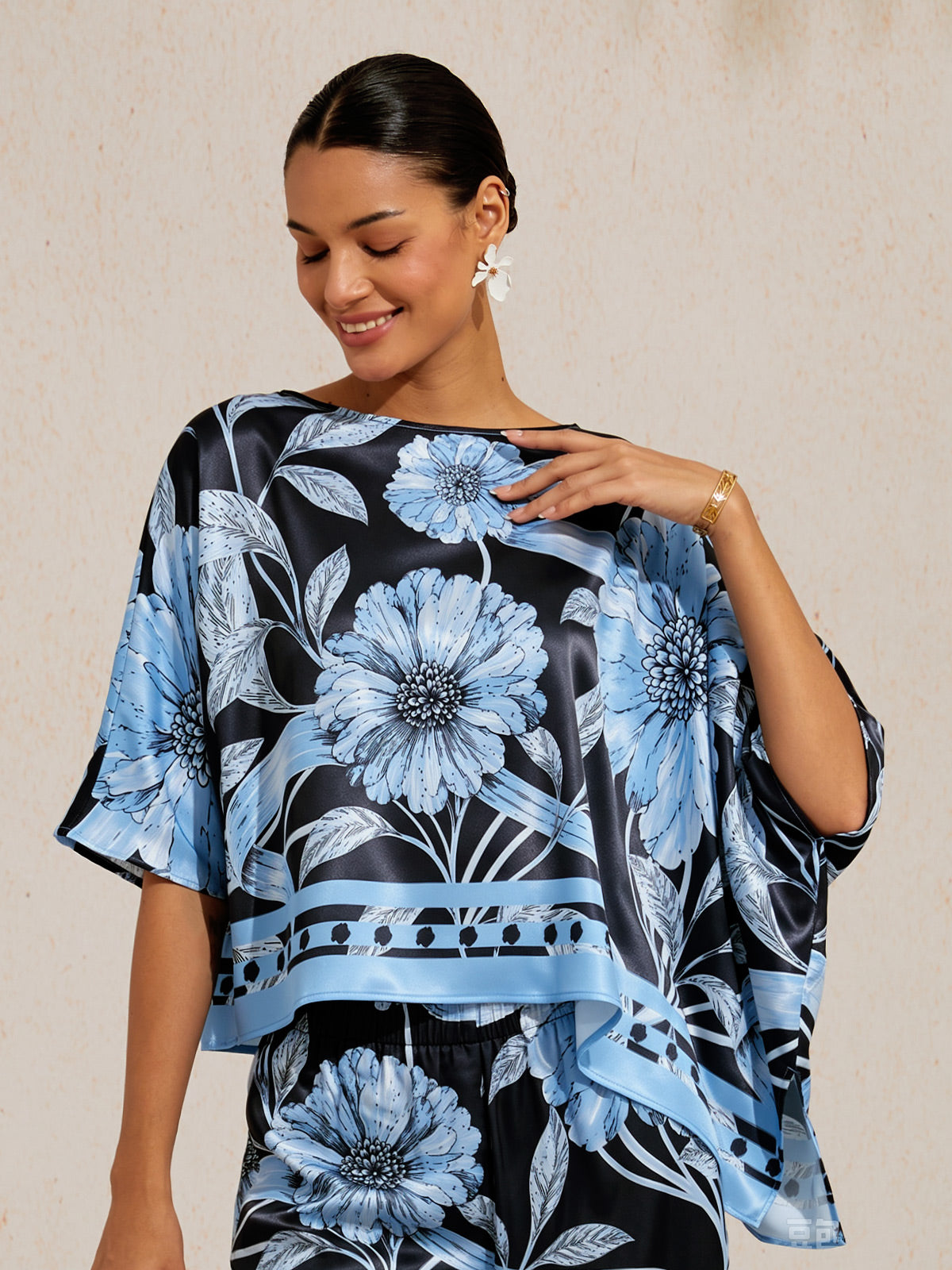 Sepia Noir Bloom Silky Satin Dolman Sleeve Top