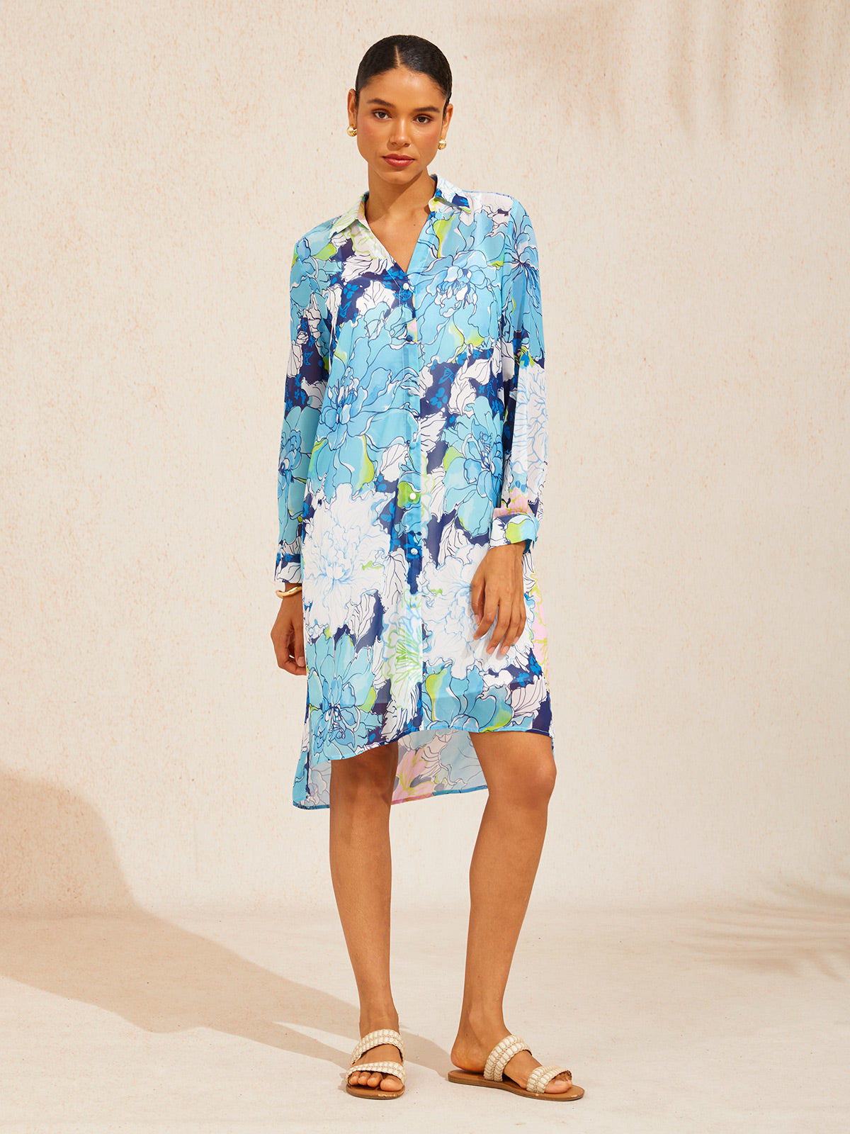 Pastel Wash Peony Chiffon Shirt Dress