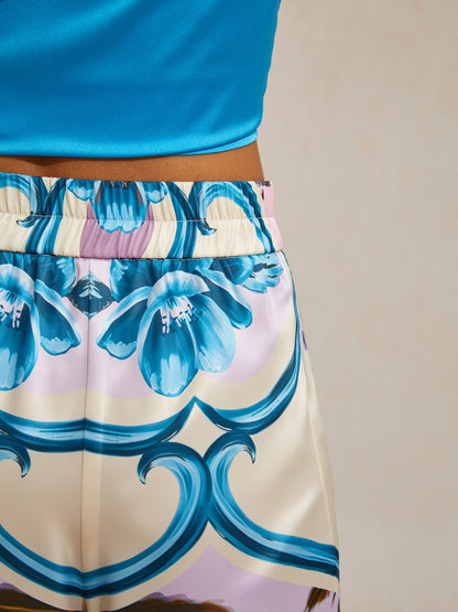 Pantalones Anchos de Satén Sedoso Azul Océano Orquídea
