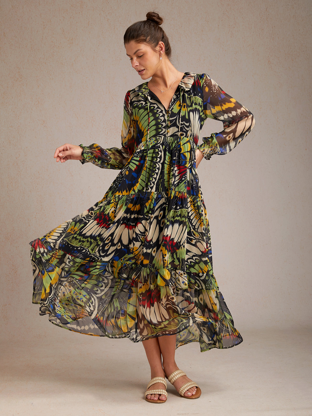 Chiffon Tropical Flowers Puff Sleeve Maxi Dress
