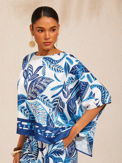 Azure Leaves  Silky Satin Dolman Top