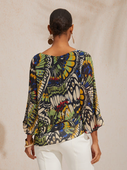 Blouse Rose Fluide en Mousseline à Volants Imprimé Fleuri Printemps