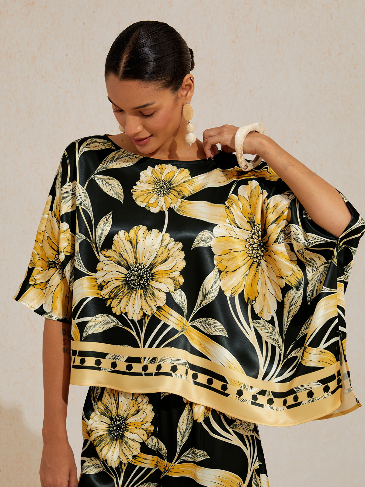 Sepia Noir Bloom Silky Satin Dolman Sleeve Top