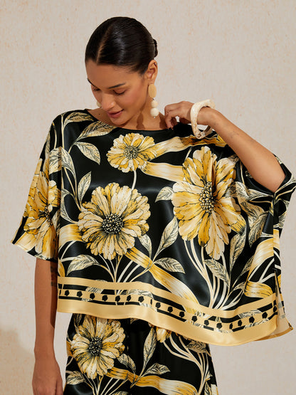 Sepia Noir Bloom Silky Satin Dolman Sleeve Top