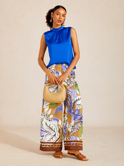 Wild Hibiscus Dream Silky Satin Wide Leg Pants