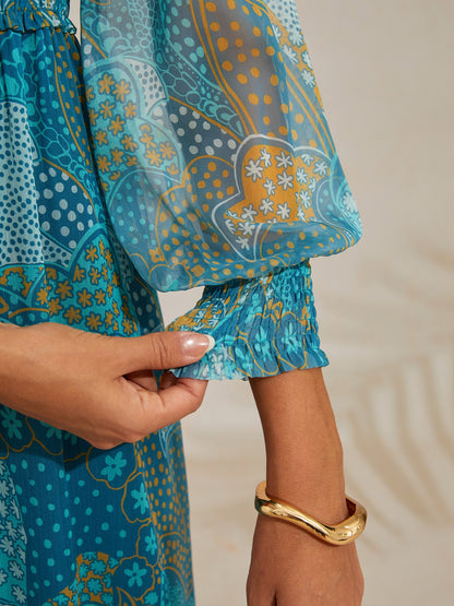 Floral Chiffon Tropical Flowers Puff  Sleeve Maxi Dress
