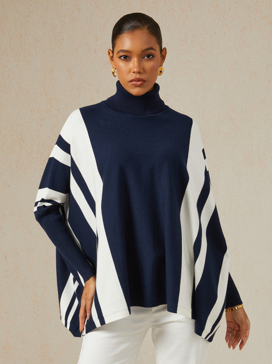 Contrast Stripe High-Stretch Mock Neck Knit Sweater