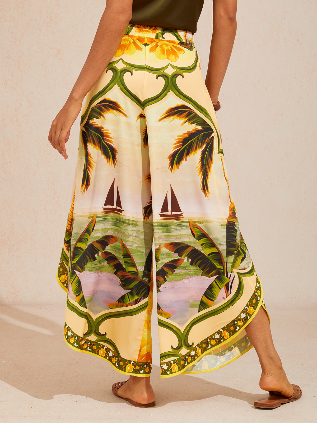 Azure Bloom Satin Slit Wide Leg Pants