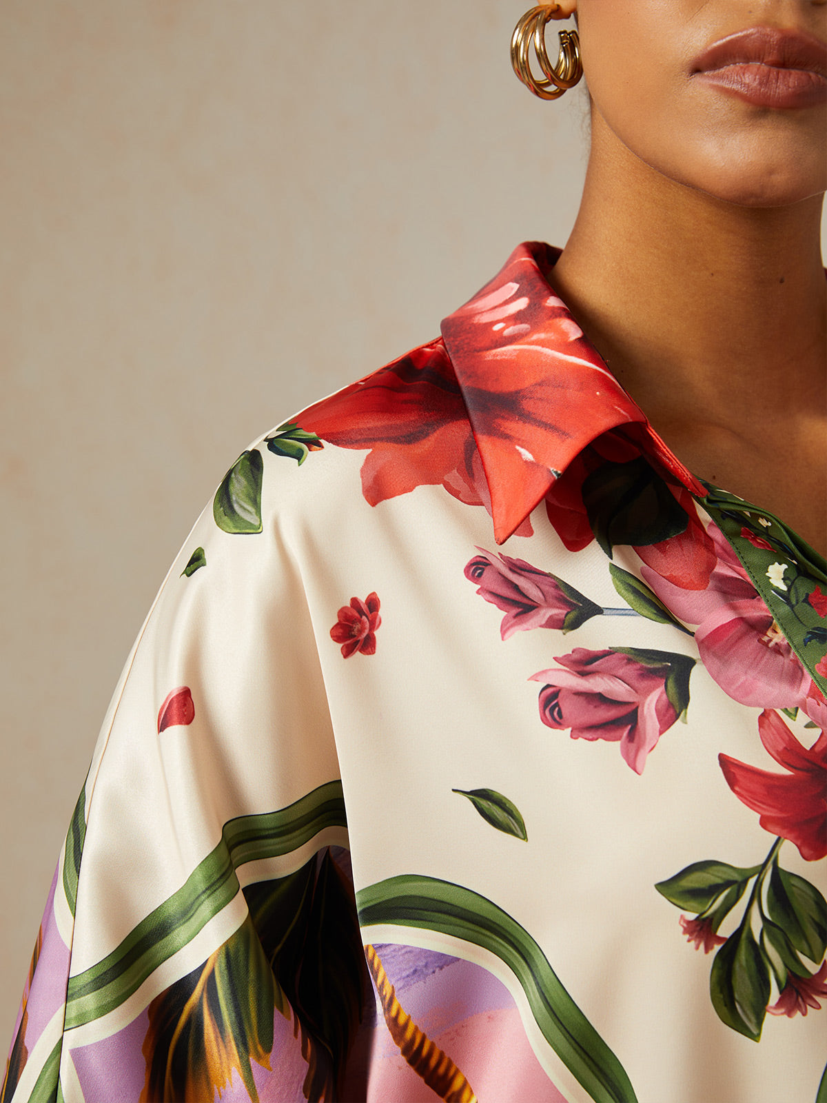 Hawaii Palm Silky Satin Button Down Oversized Shirt