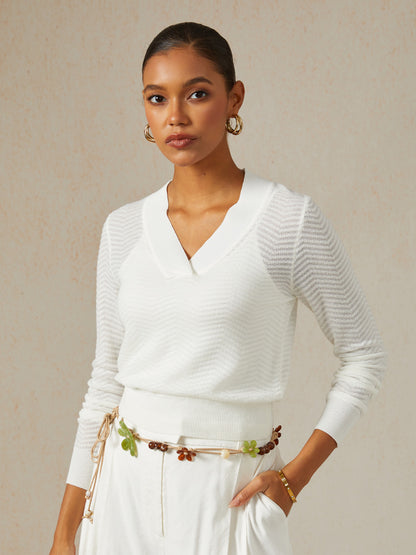 Wavy Detail Thin V-Neck Sweater
