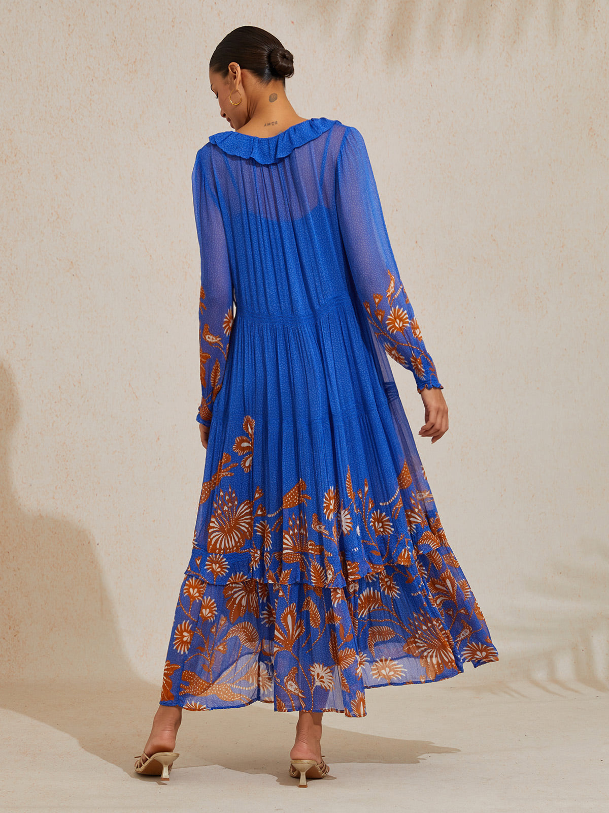 Chiffon Tropical Flowers Puff Sleeve Maxi Dress