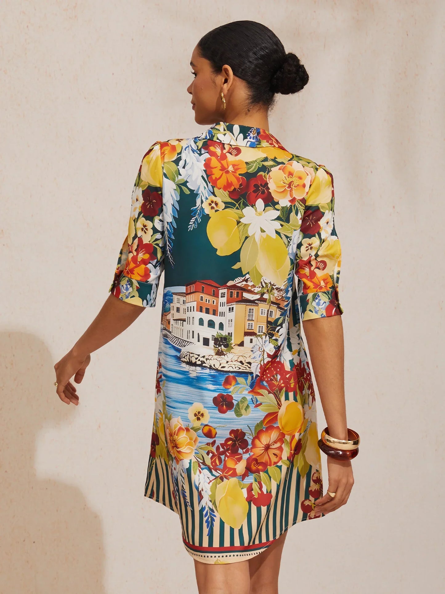 Mallorca Blossom Silky Satin Straight Shirt Dress