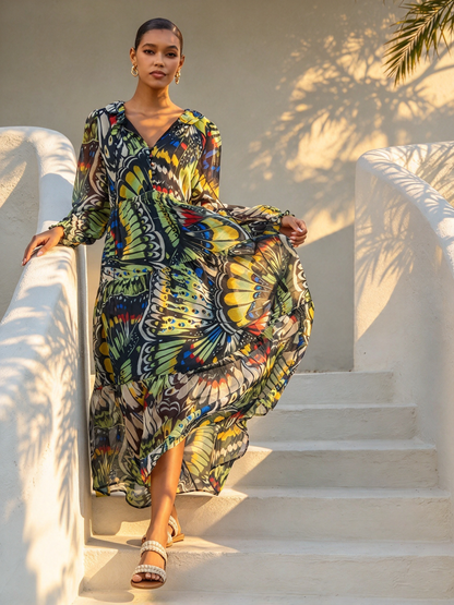 Midnight Jewel Bloom Flowy Chiffon Maxi Dress