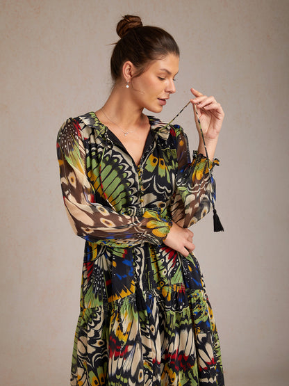 Chiffon Tropical Flowers Puff Sleeve Maxi Dress