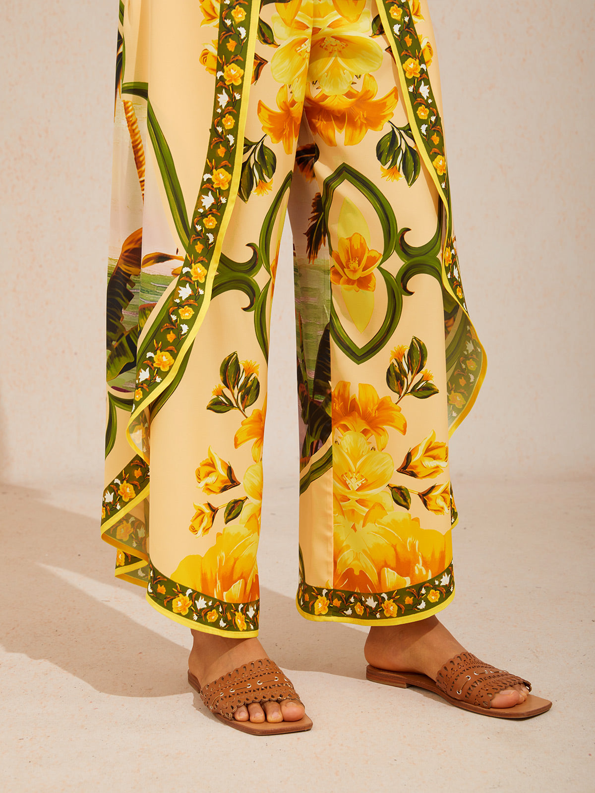 Azure Bloom Satin Slit Wide Leg Pants