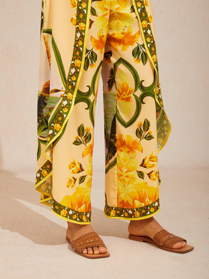 Azure Bloom Satin Slit Wide Leg Pants