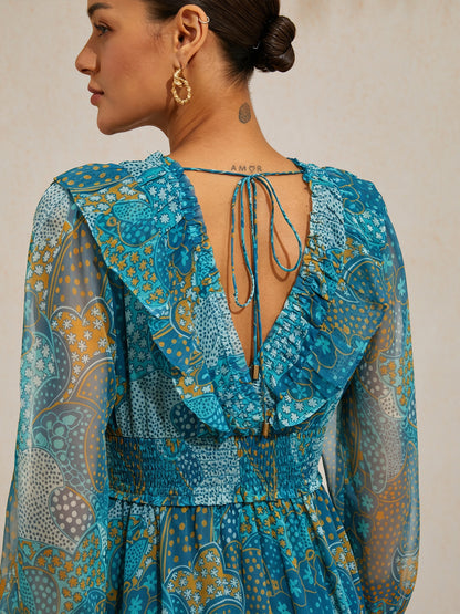 Floral Chiffon Tropical Flowers Puff  Sleeve Maxi Dress
