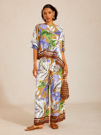 Wild Hibiscus Dream Silky Satin Wide Leg Pants