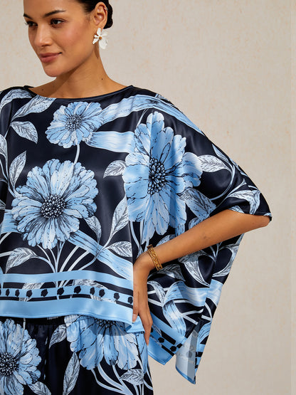 Sepia Noir Bloom Silky Satin Dolman Sleeve Top