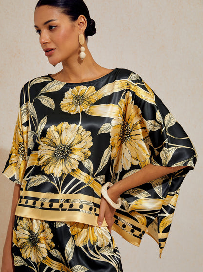 Sepia Noir Bloom Silky Satin Dolman Sleeve Top