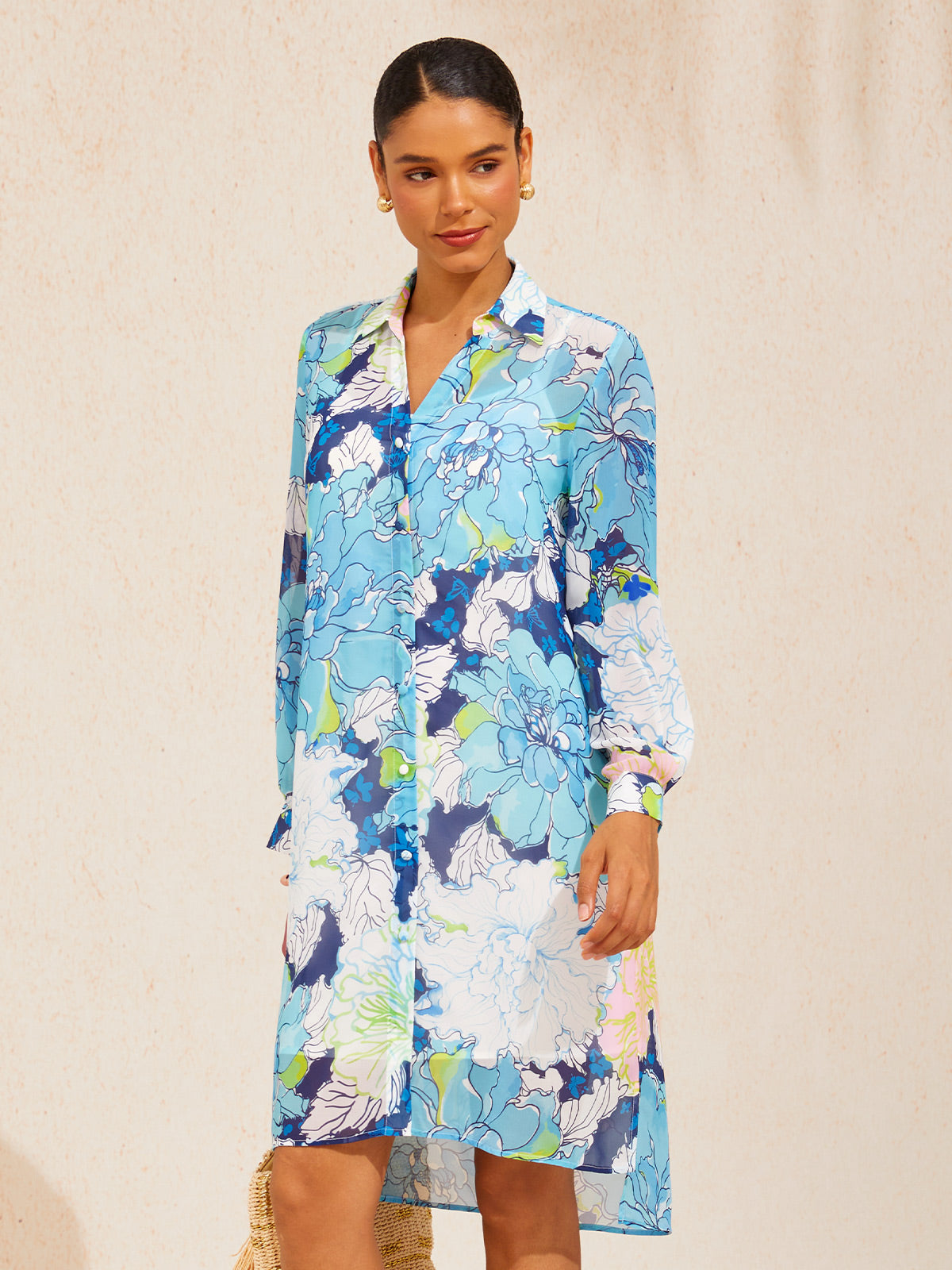 Pastel Wash Peony Chiffon Shirt Dress