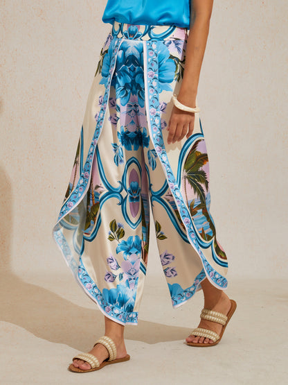Pantalones Anchos de Satén Sedoso Azul Océano Orquídea