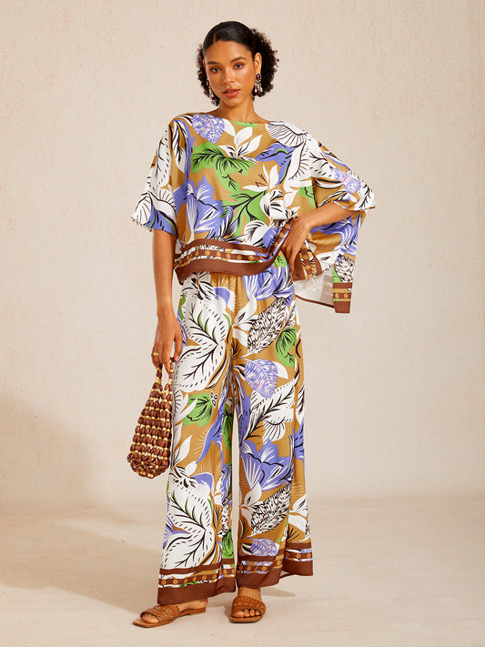 Wild Hibiscus Dream Silky Satin Dolman Sleeve Top