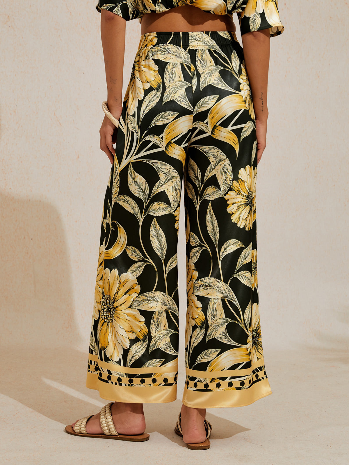 Sepia Noir Bloom Silky Satin Wide Leg Pants
