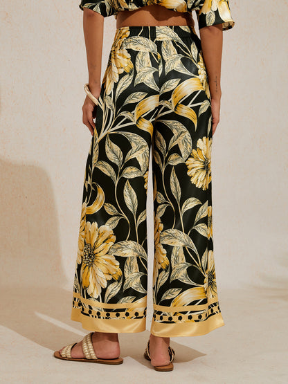 Sepia Noir Bloom Silky Satin Wide Leg Pants