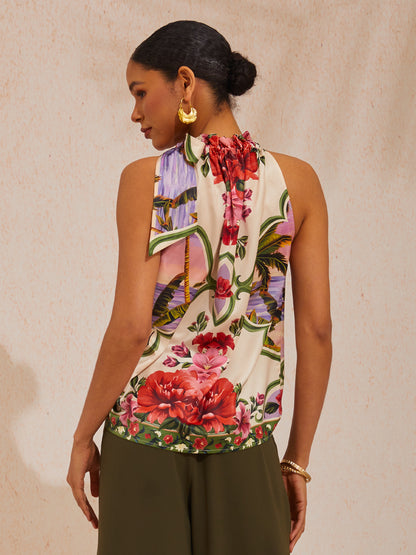 Hawaii Palm Silky Satin Floral Sleeveless Top