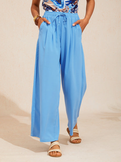 Vacation Elastic Drawstring Wide Leg Pants