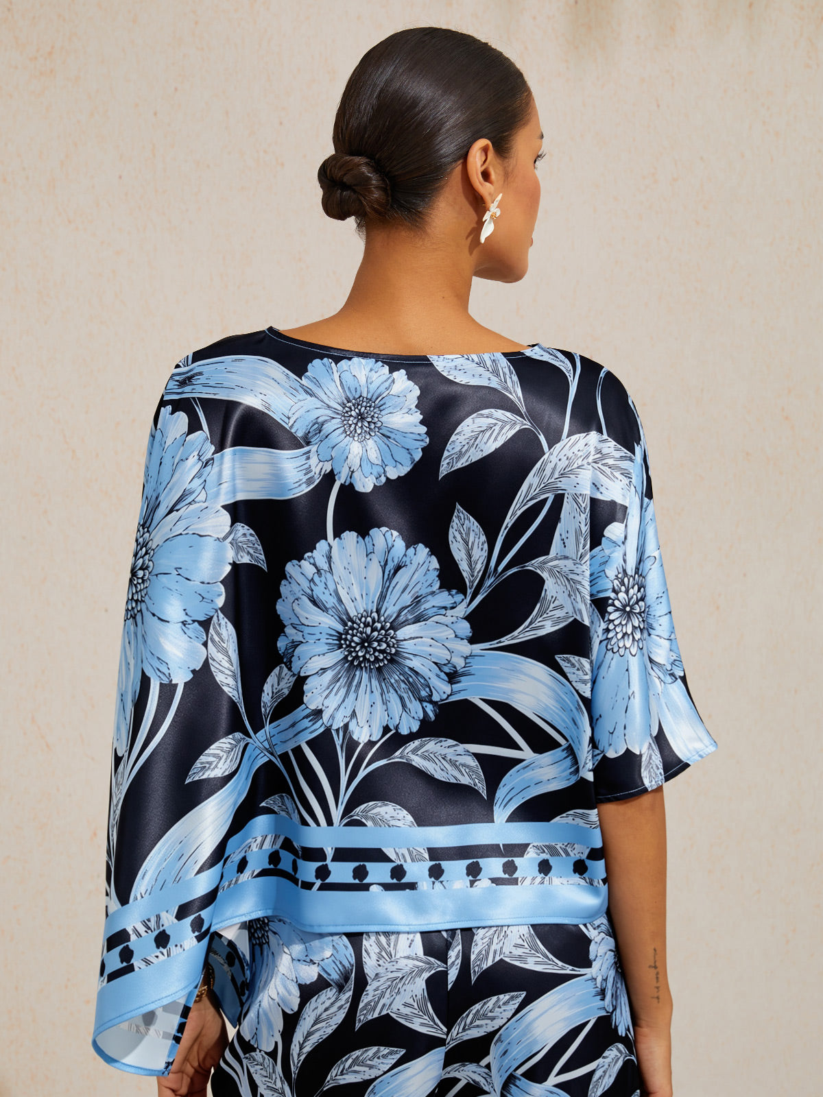 Sepia Noir Bloom Silky Satin Dolman Sleeve Top
