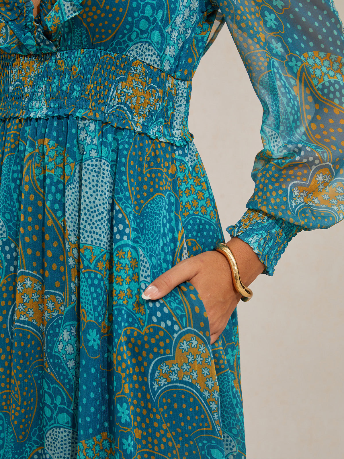 Floral Chiffon Tropical Flowers Puff  Sleeve Maxi Dress
