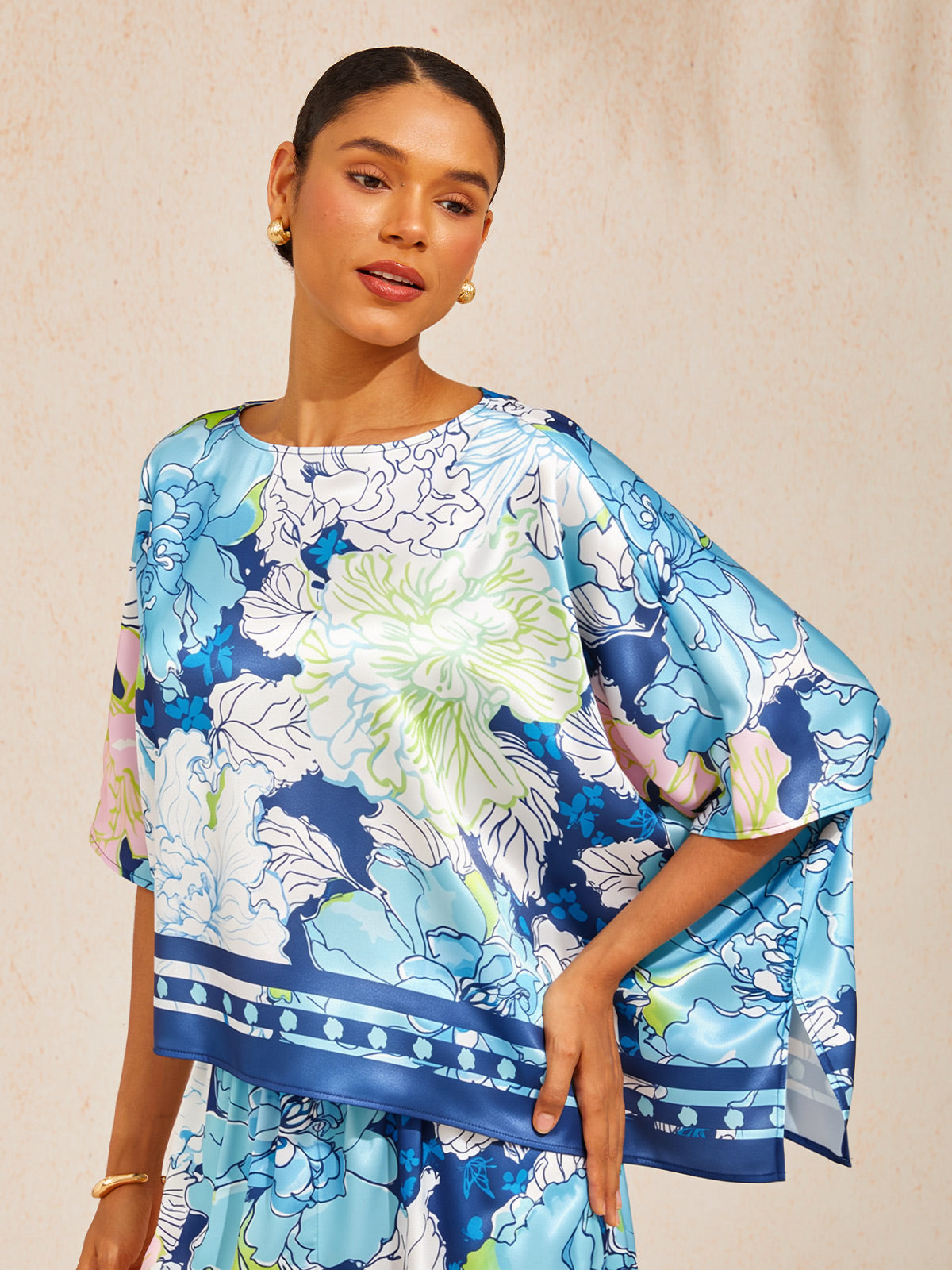 Pastel Wash Peony  Silky Satin Batwing Top