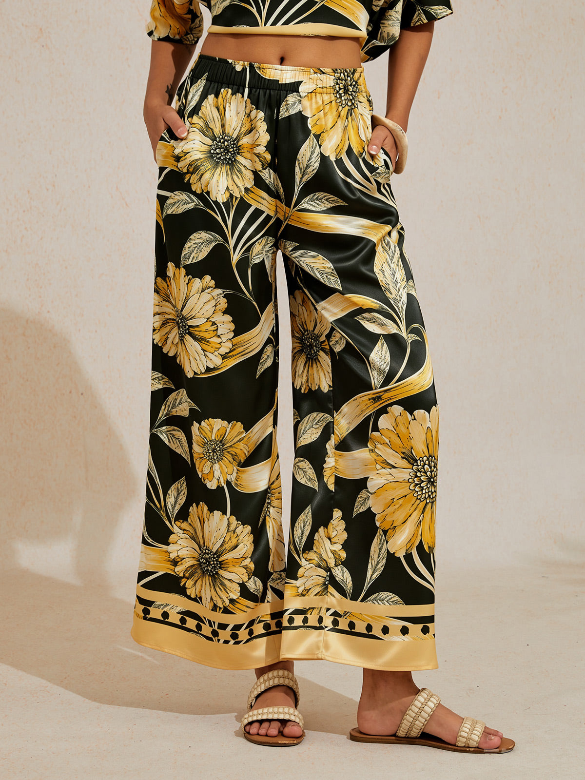 Sepia Noir Bloom Silky Satin Wide Leg Pants