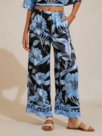Sepia Noir Bloom Silky Satin Wide Leg Pants