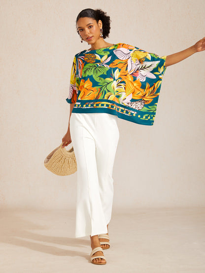 Wild Hibiscus Dream Silky Satin Dolman Sleeve Top