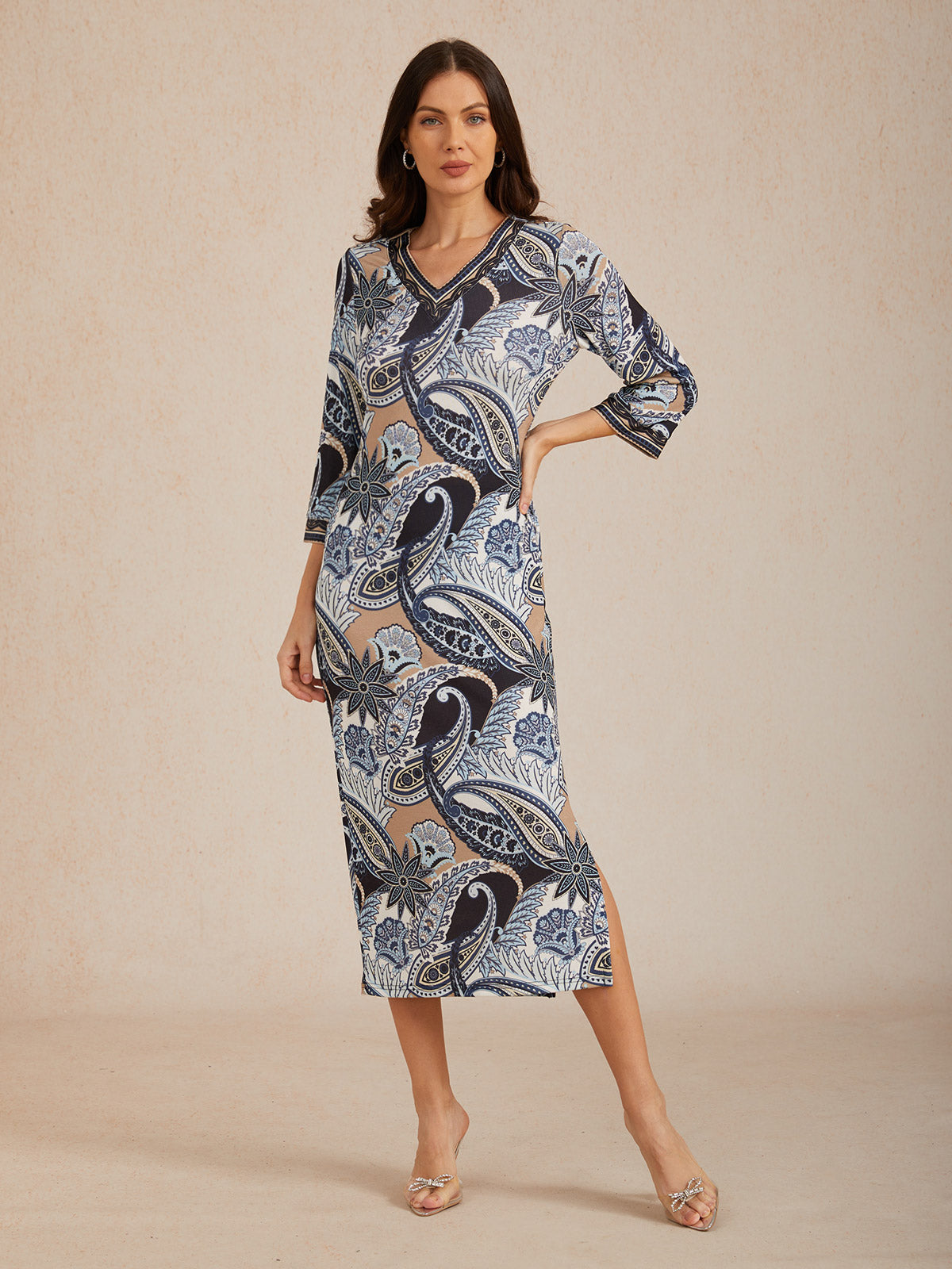 Abstract Paisley Print Knit Stretch Fitted Maxi Dress