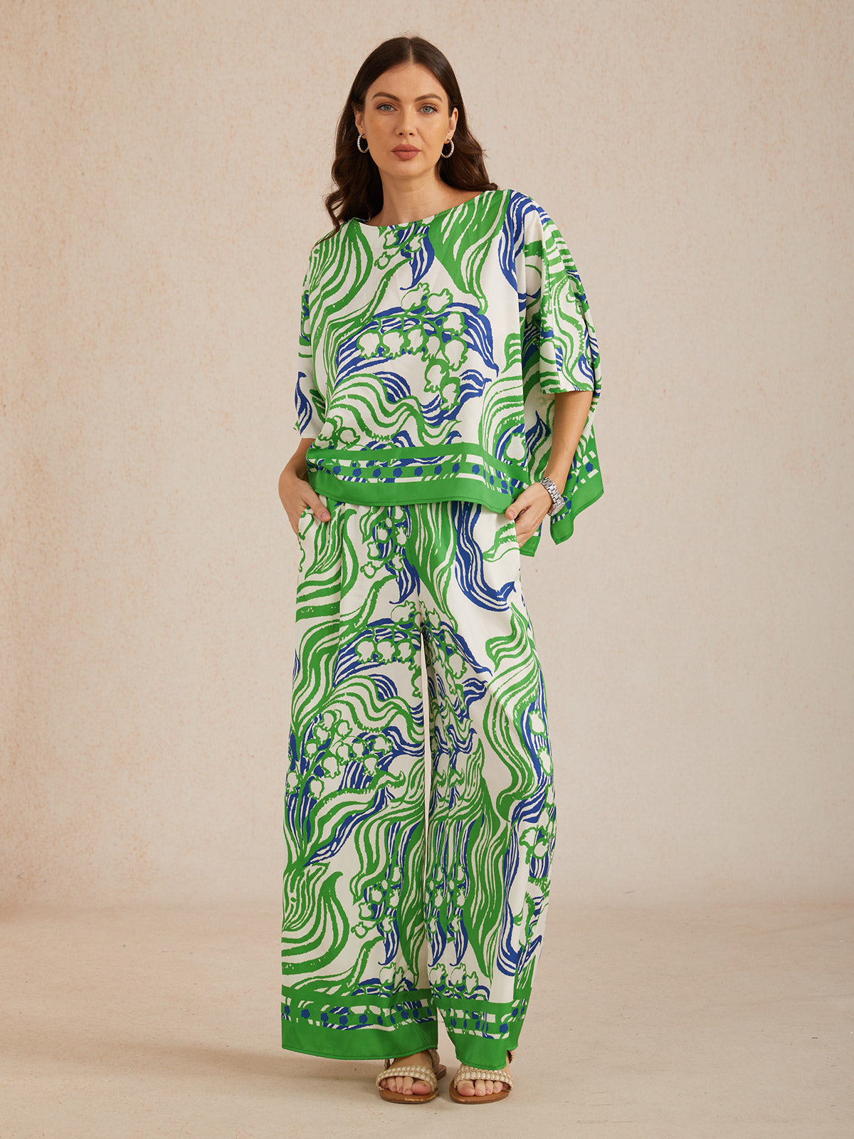 Abstract Bell Flower Silky Satin Batwing Top