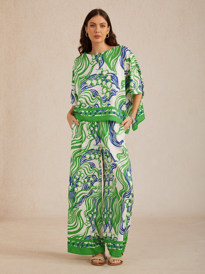 Abstract Bell Flower Silky Satin Batwing Top