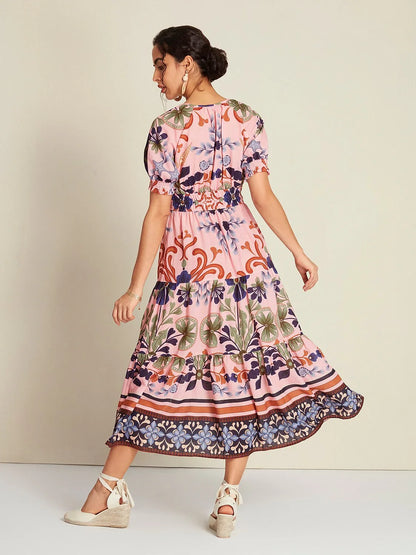 Floral Print Lace Up Short Midi Dress
