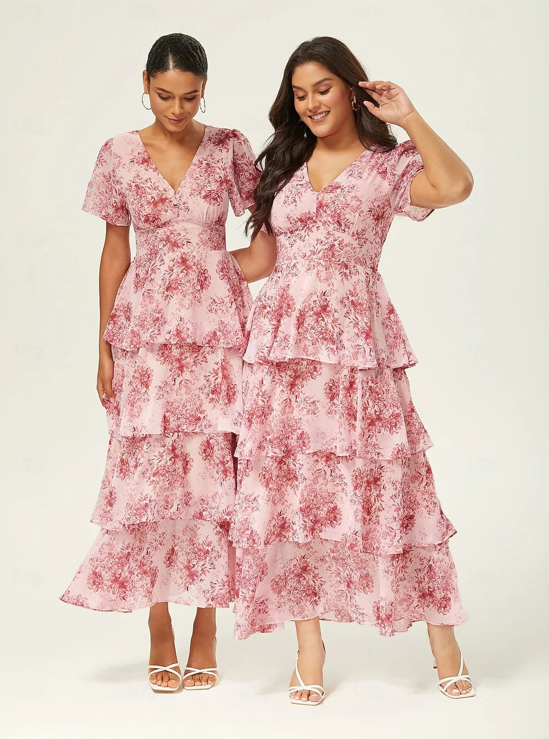 Abstract Floral Ruffle Chiffon Maxi Dress