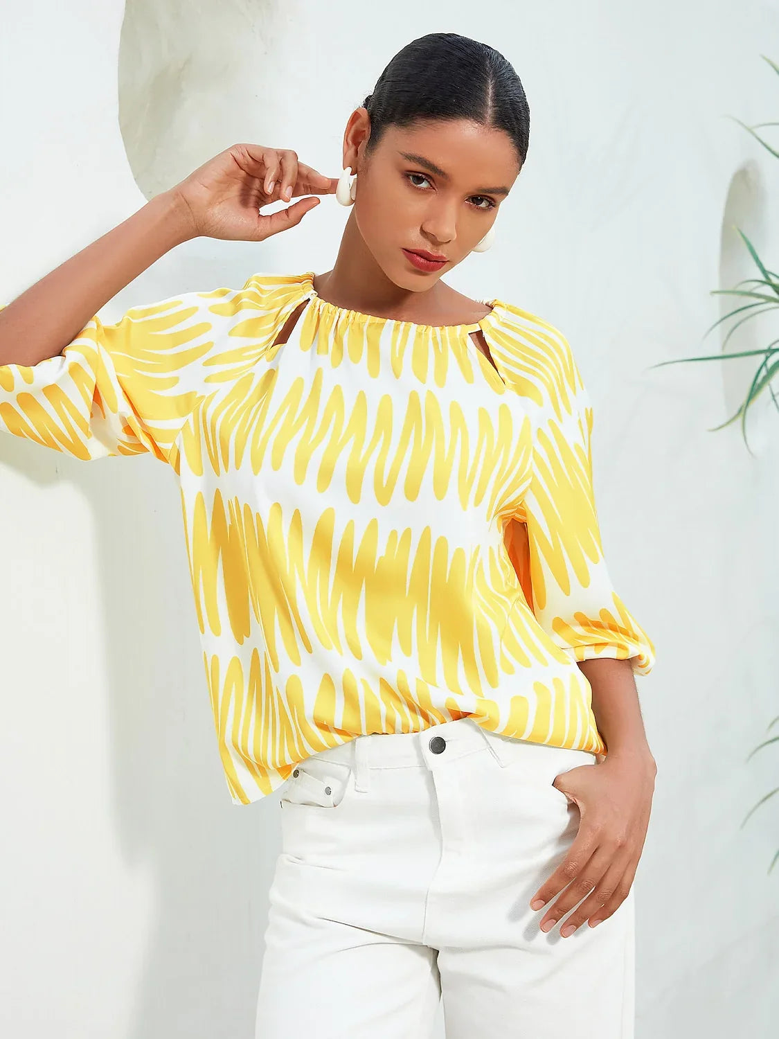 Satin Puff Hollow Out Raglan Shirt