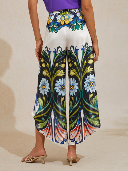 Bird Flower Satin Slit Wide Leg Pants