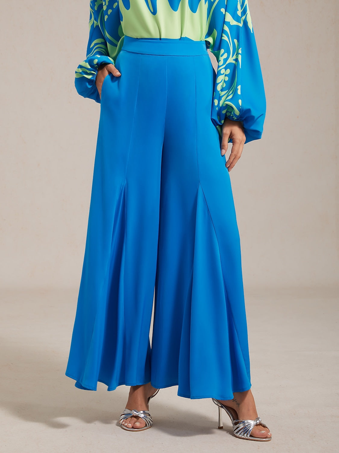 Elastic Waist Blue Satin Wide Leg Pants