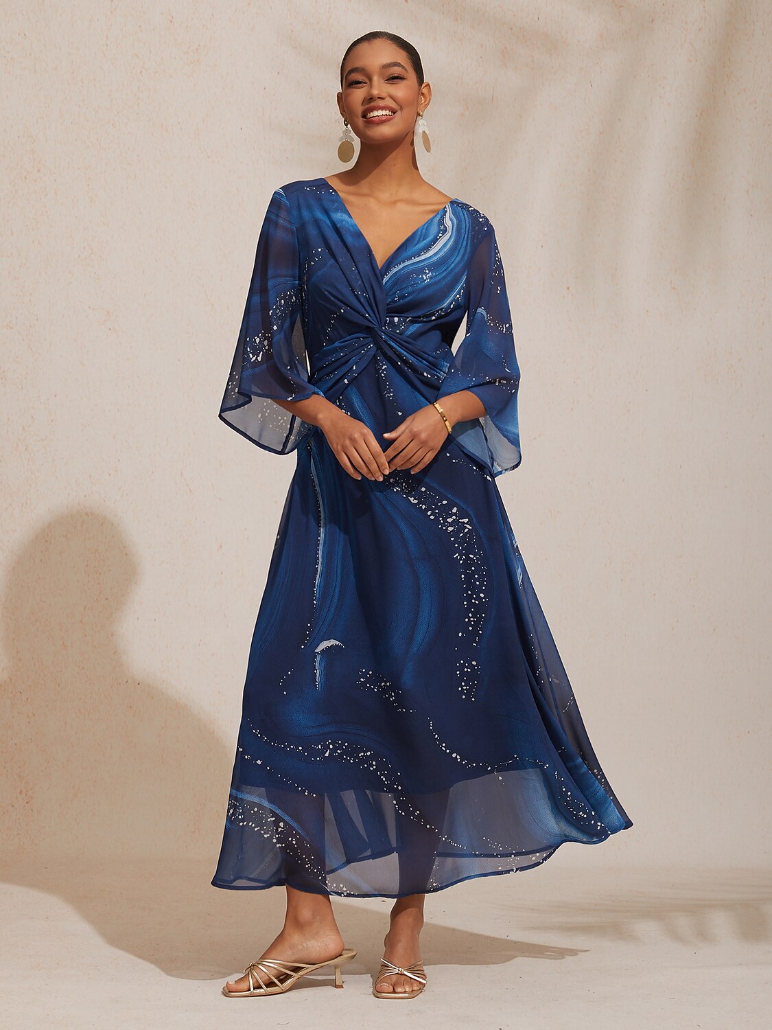 Women's Maxi Dress Blue Galaxy Gradient Print V Neck Front Twist Knot Three Quarter Flared Sleeves Travel Vacation