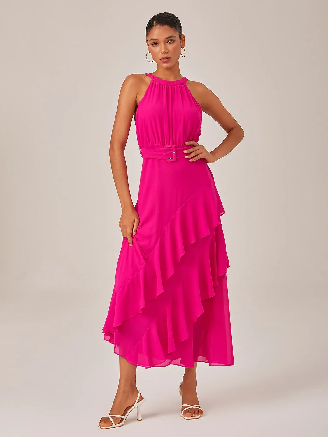 Chiffon Solid Color Ruffle Mismatched Dress