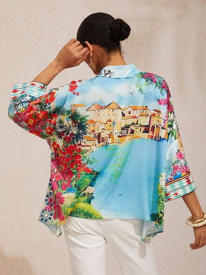 Balearic Islands Blue Silky Satin Dolman Sleeve Button Down Shirt