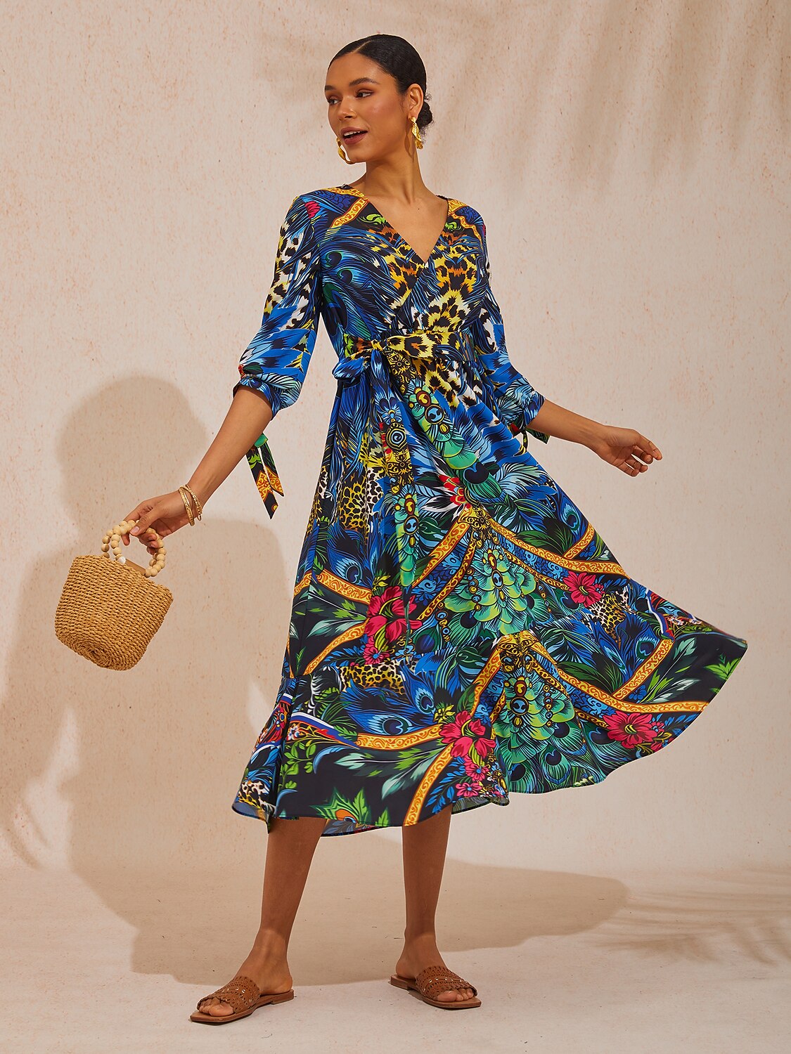 Robe longue en coton Jungle Wild Party à motif paon