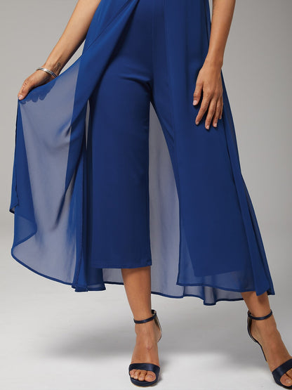 Paneled Design Faux Flowy Sheer Stretch Fabric Jumpsuit